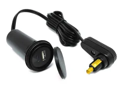 Câble USB pour sacoche de réservoir avec double chargeur (USB-A et USB-C) et fiche coudée pour prise DIN.